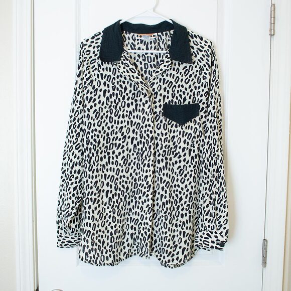Colorblock Leopard Shirt Denim Collar Retro Black White Button 13/14 Dark Winter - Picture 1 of 11